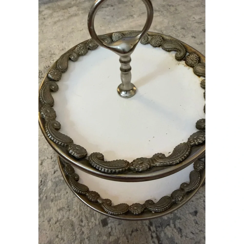 Vintage 2 Tier‎ Dessert Stand Silver Filigree White Milk Glass Serving Tray